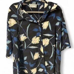 XL boxy relaxed vintage 80s black button up retro blouse tulips cottage teacher